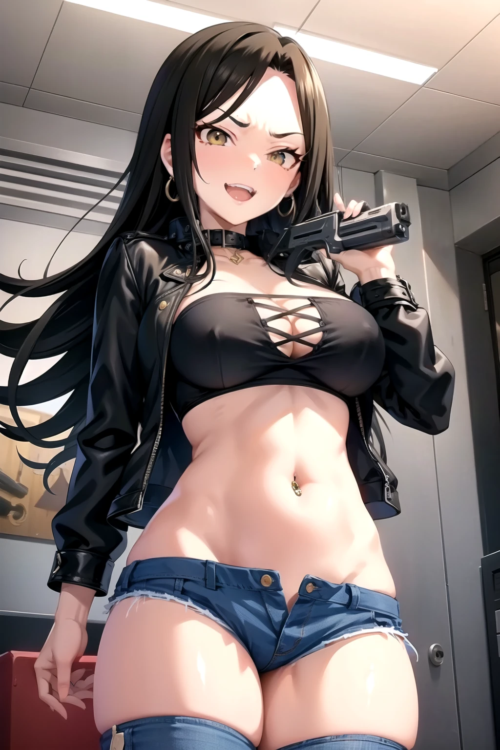 takumi, 1girl, black hair, long hair, brown eyes, large breasts, solo, blush, lipstick, jewelry, earrings, Hot girl, baddie, mean girl, sensual, attractive, bar background, inside bar, indoor, masterpiece, best quality, highly detailed, a girls with a gun, evil smile , open mouth, sexy gaze, badass pose , evil smile, smile, (nsfw) not safe for work, guns blazing, anime girl with long hair, beautiful long haired girl, navel, evil expression, exposed belly, exposed navel, exposed midriff, exposed lower belly, long black pants, crop top, cleavage, unbuttoned leather pants ,open fly, low rise black leather pants, leather jacket, holding a gun, holding pistol, navel piercing