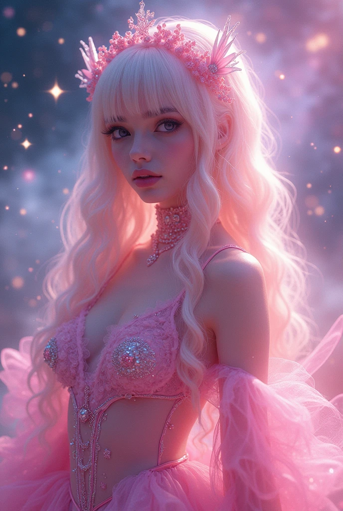 4K Ultra HD, Masterpiece, crystal girl , (good face:1.2), very Long hair, Detailed eyes, Glossy lips, ta costume, (pink costume:1.5), The aura around the body, Magical effect, Spread white light, Cosmic elements and ethereal atmosphere, A mix of bright lights and colorful nebulae, universe background, Perfect body,