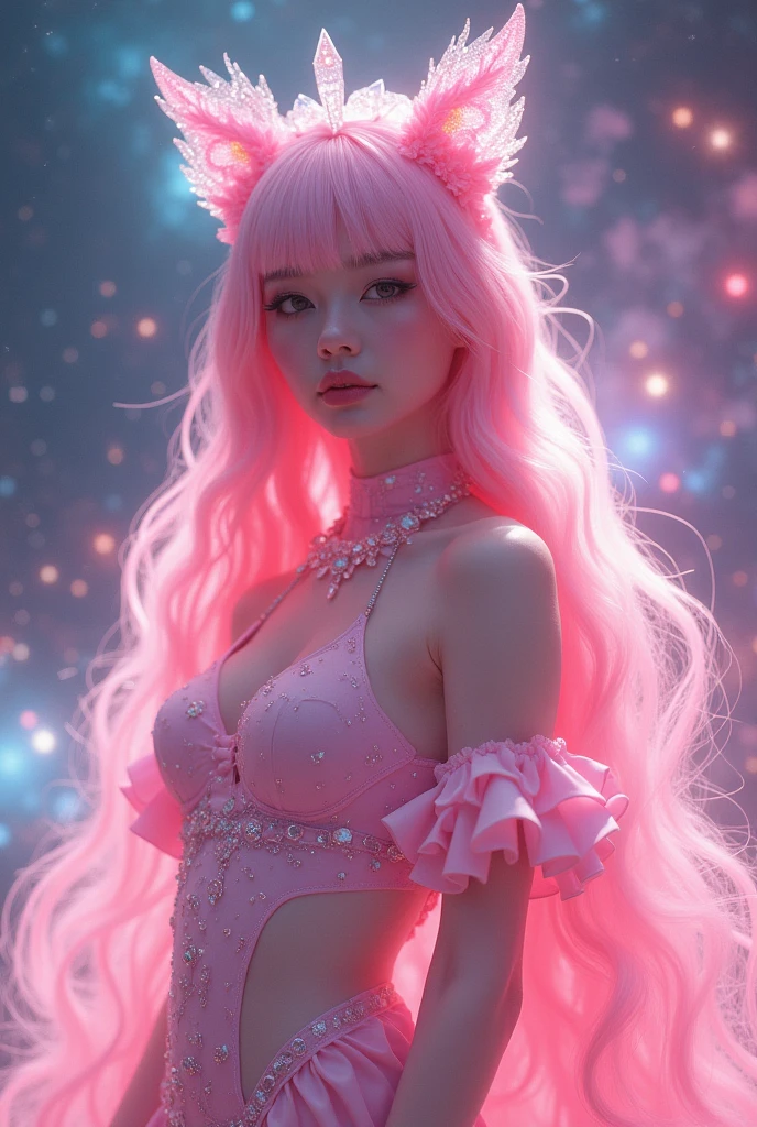 4K Ultra HD, Masterpiece, crystal girl , (good face:1.2), very Long hair, Detailed eyes, Glossy lips, Lolita costume, (pink costume:1.5), The aura around the body, Magical effect, Spread white light, Cosmic elements and ethereal atmosphere, A mix of bright lights and colorful nebulae, universe background, Perfect body,