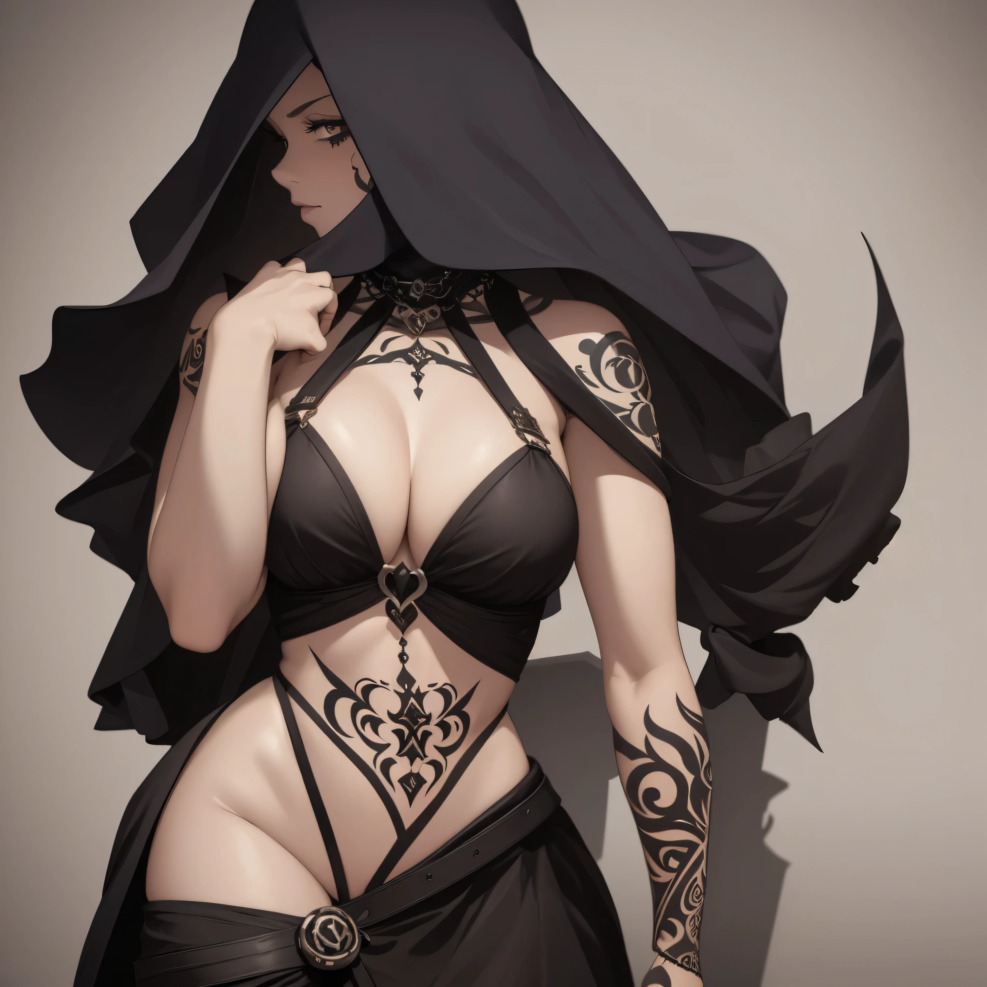 Artwork, une fille, gangster, avec un masque à tête de mort, tatouage sur tout le corps, agressif, armé, dark fantasy