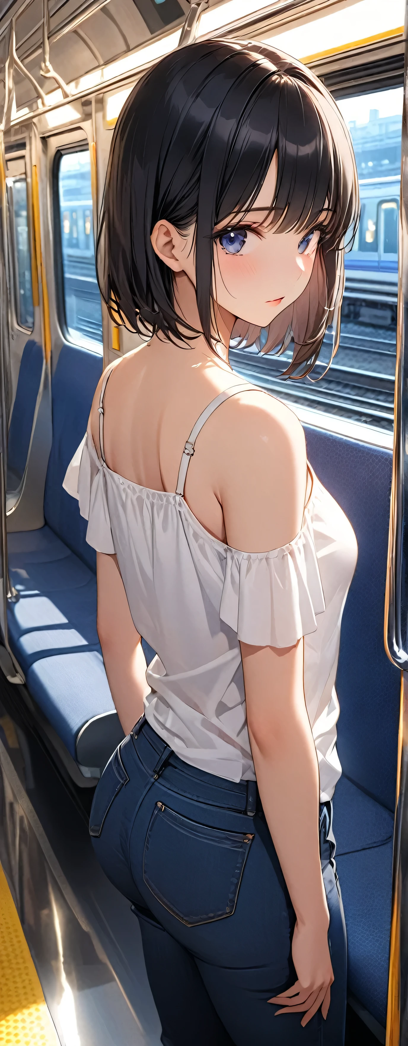 masterpiece, Highest quality, Ultra-high resolution, (beautiful girl: 1.3), Highest quality,8k,Highly detailed CG unit wallpaper,masterpiece:1.2,Ultra-high resolution,RAW Photos,Black Hair, Bobcut,Long eyelashes, Round eyes,drop shadow, White camisole,Navy Blue Jeans,Looks 20 years old,(butt crack,1.8),evening,e235, train interior, scenery, seat, reflection, window, reflective floor, posters (object),(((Big round ass)),)She is standing,She has her back to me and is staring out the window at the train.,(From behind:1.8), (Gazing into the distance:1.3),