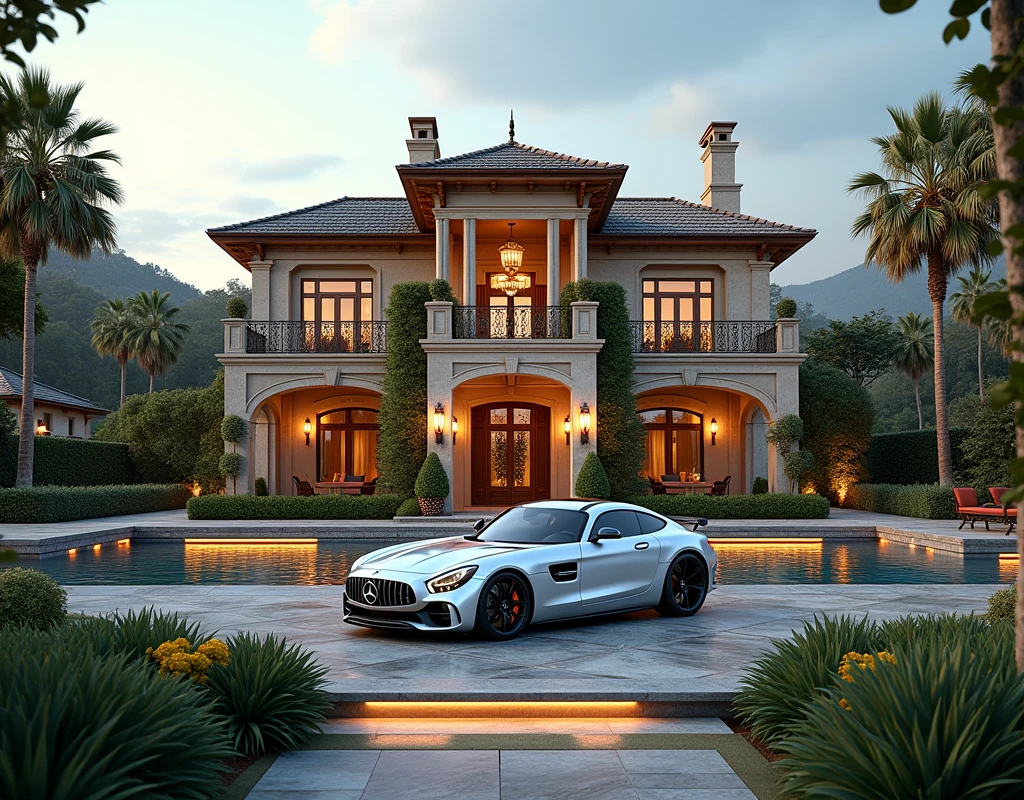 luxury home with a car parked in front of it, mercedes coupe amg, behind river, luxury pool, luxury lifestyle, luxurious environment, luxury architecture, rich house, huge mansion, rich style, luxury and elite, extremely opulent, luxurious, hyper luxurious, majestic masterpiece, wealthy, luxury, stunning grand architecture, exquisite masterpiece, flaunting his wealth, inside a grand, architectural masterpiece