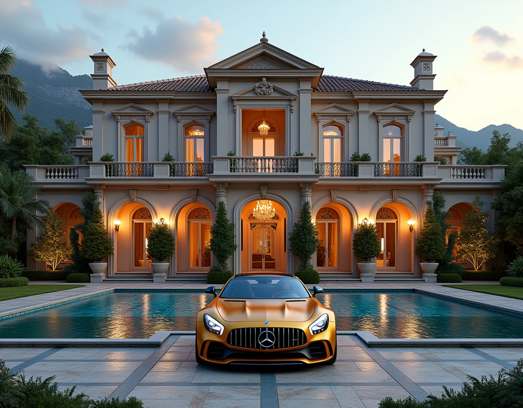 luxury home with a car parked in front of it, mercedes coupe amg, behind river, luxury pool, luxury lifestyle, luxurious environment, luxury architecture, rich house, huge mansion, rich style, luxury and elite, extremely opulent, luxurious, hyper luxurious, majestic masterpiece, wealthy, luxury, stunning grand architecture, exquisite masterpiece, flaunting his wealth, inside a grand, architectural masterpiece