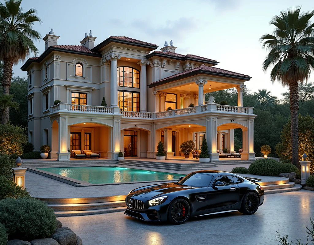 luxury home with a car parked in front of it, mercedes coupe amg, behind river, luxury pool, luxury lifestyle, luxurious environment, luxury architecture, rich house, huge mansion, rich style, luxury and elite, extremely opulent, luxurious, hyper luxurious, majestic masterpiece, wealthy, luxury, stunning grand architecture, exquisite masterpiece, flaunting his wealth, inside a grand, architectural masterpiece