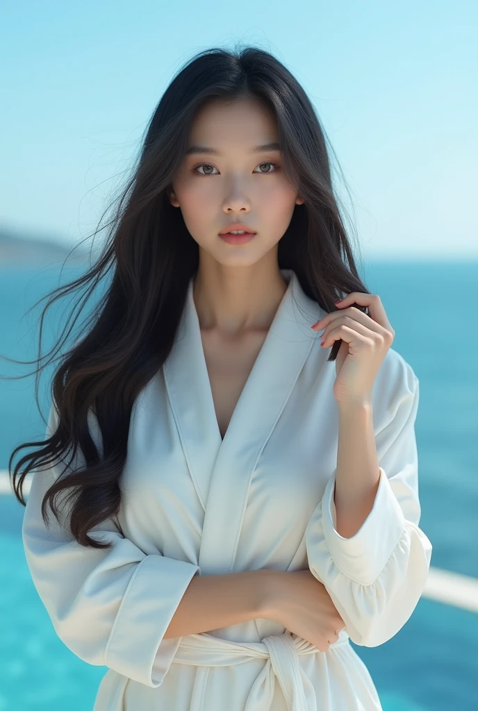 Create an Asian beauty with long hair,Regular facial features,Wearing a white satin bathrobe,Running both hands through their hair,Open your eyes,The characters are realistic and realistic,Blue seaside hotel background,Character front position,9:16 frames,Ultra-high-definition picture quality