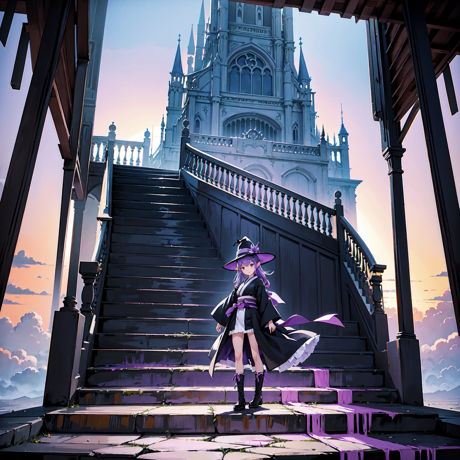 The only structure present in the painting is a simple staircase made of iron. There is no land. There are no walls. The background is nothing but stairs and clouds. A girl with long violet-purple hair. A kind, full smile. Pointy elf ears. Her clothes are simple: a black robe with wide sleeves and a black miniskirt. Her knees are showing. There is a V-shaped white insert in the front, like a kimono. A witch's hat with purple ribbons on each side. Black boots. Background, bright painting, Makoto Shinkai, only endless stairs, stairs above clouds, illustration, nostalgic, vivid, bright, sunset. A maze of connected stairs. A labyrinth of stairs. Not touching land. A simple iron staircase. Decaying old staircase.