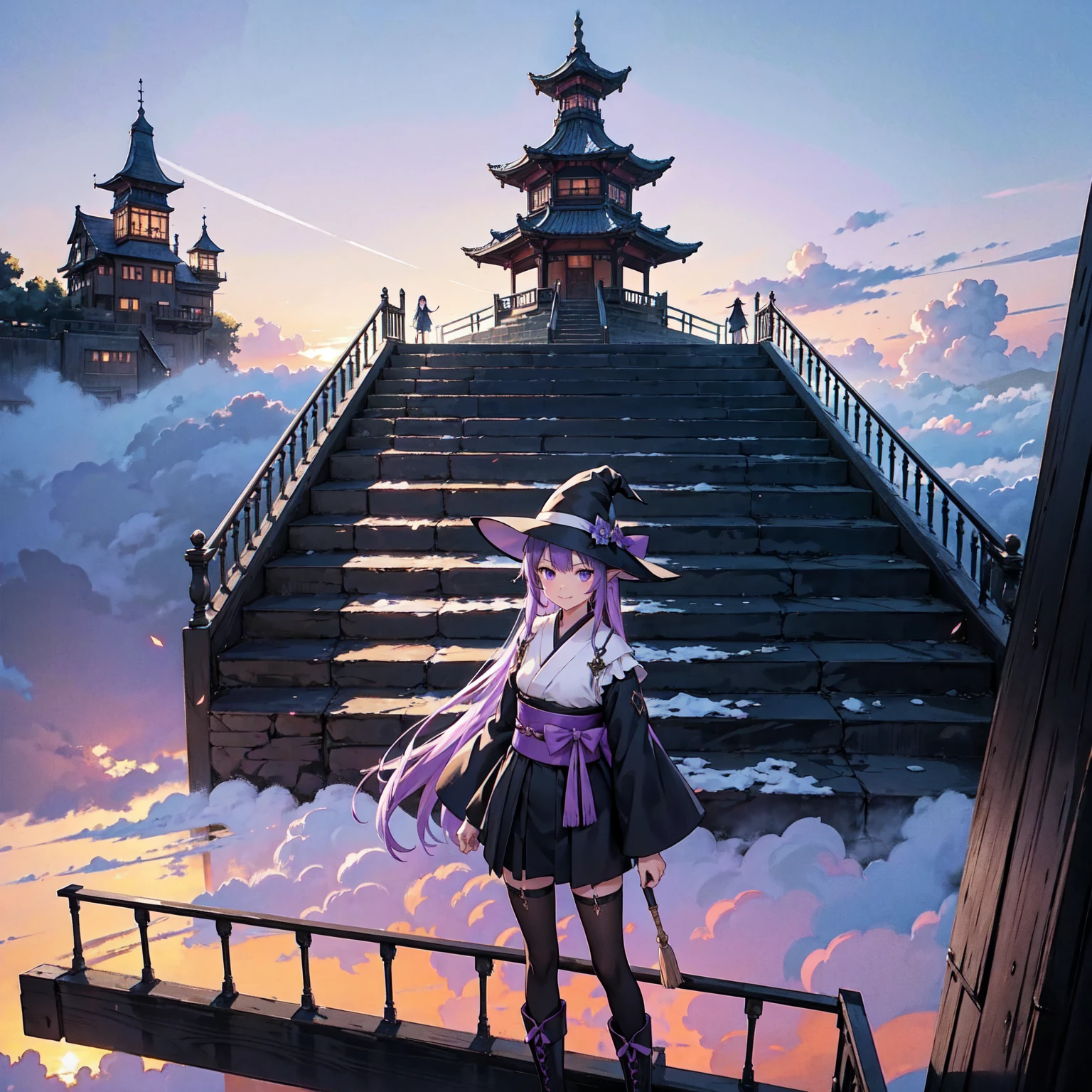 The only structure present in the painting is a simple staircase made of iron. There is no land. There are no walls. The background is nothing but stairs and clouds. A girl with long violet-purple hair. A kind, full smile. Pointy elf ears. Her clothes are simple: a black robe with wide sleeves and a black miniskirt. Her knees are showing. There is a V-shaped white insert in the front, like a kimono. A witch's hat with purple ribbons on each side. Black boots. Background, bright painting, Makoto Shinkai, only endless stairs, stairs above clouds, illustration, nostalgic, vivid, bright, sunset. A maze of connected stairs. A labyrinth of stairs. Not touching land. A simple iron staircase. Decaying old staircase.
