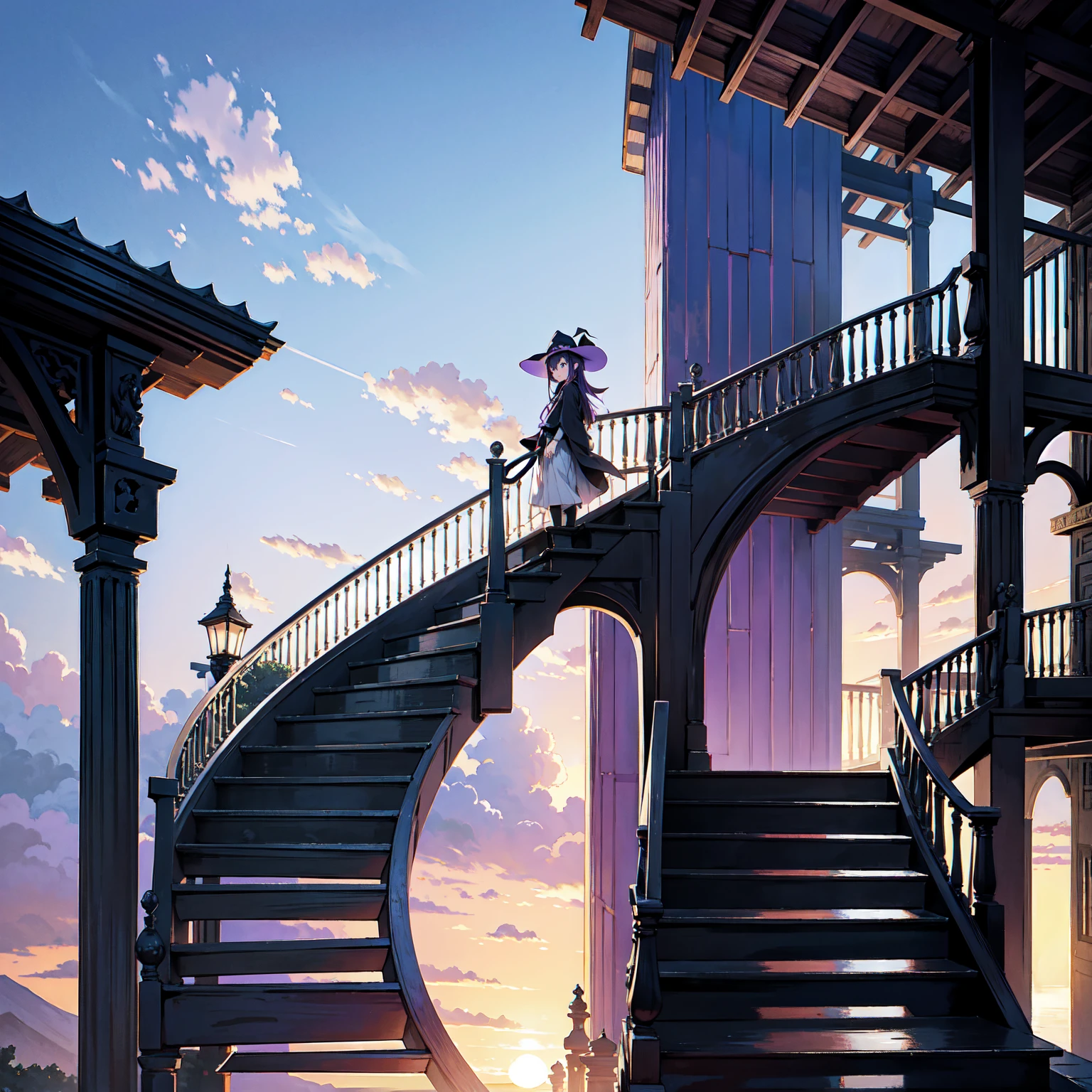 The only structure present in the painting is a simple staircase made of iron. There is no land. There are no walls. The background is nothing but stairs and clouds. A girl with long violet-purple hair. A kind, full smile. Pointy elf ears. Her clothes are simple: a black robe with wide sleeves and a black miniskirt. Her knees are showing. There is a V-shaped white insert in the front, like a kimono. A witch's hat with purple ribbons on each side. Black boots. Background, bright painting, Makoto Shinkai, only endless stairs, stairs above clouds, illustration, nostalgic, vivid, bright, sunset. A maze of connected stairs. A labyrinth of stairs. Not touching land. A simple iron staircase. Decaying old staircase.
