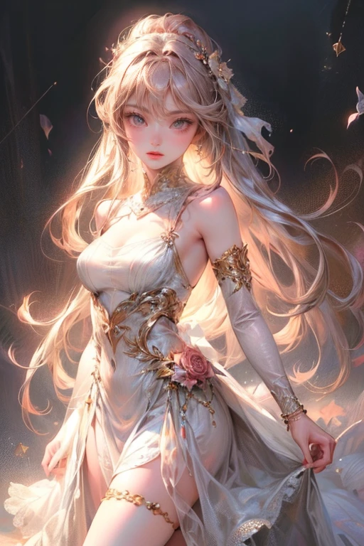 masterpiece:1.2, highest quality, 16k, highres, ultra-realistic, photorealistic:1.37, beautiful detailed:1.2, cute girl, standing in Fashion show, fashion model Striking a pose while standing elegantly on the runway, beautiful delicate artistic avant-garde revealing dress, gently smile, beautiful delicate(hair, face, long eyelash, eyes, pupils, lips, knee, anklet, dress), sparkling eyes, shining rosy lips, blushed cheek, through bangs,