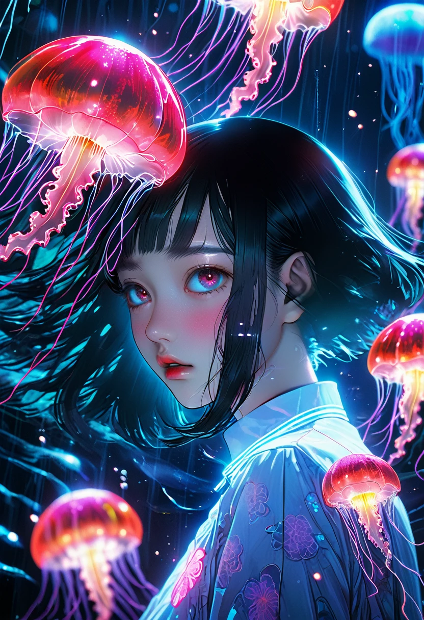 surreal horror, anime style, directed by Junji Ito, high contrast, vivid colors, eerie atmosphere, psychological tension, intricate line work, electric jellyfish