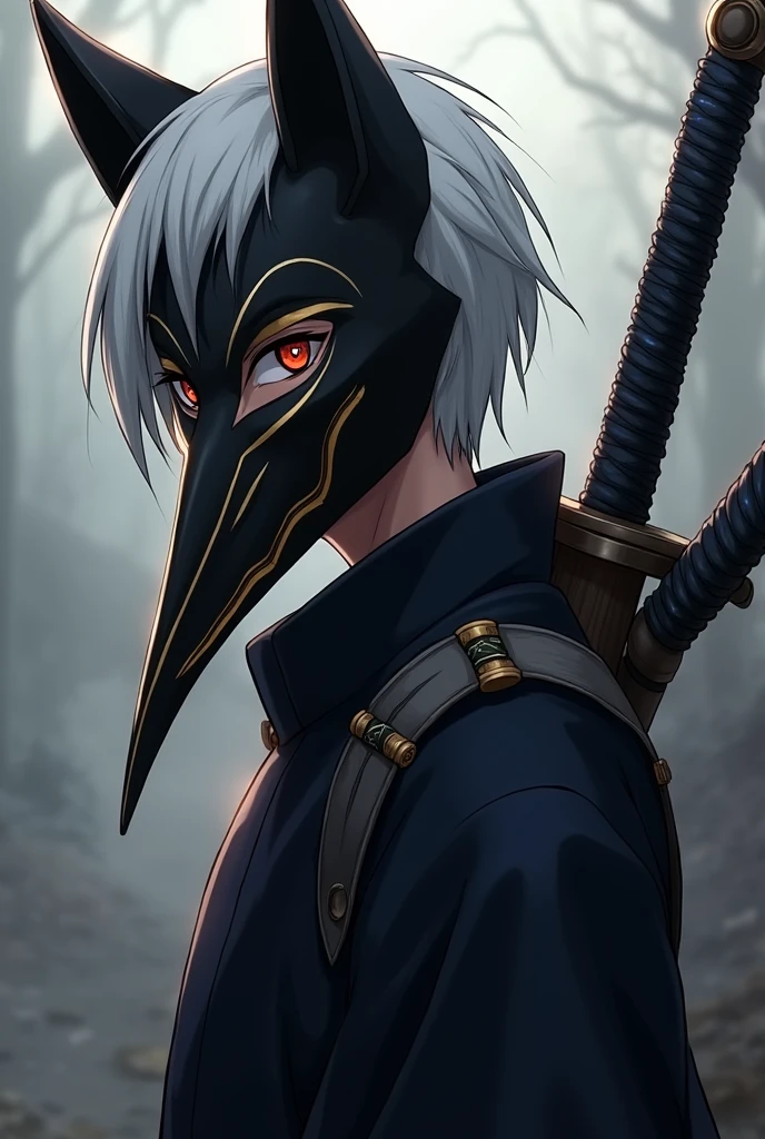 male anbu short white hair sideview, wearing akasuki robe, with big sword at back. black full face fox mask with gold line eye long nose mouth, anime, badass