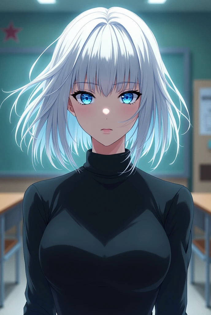 Woman, Female version, Female, Jujutsu Kaisen, Solo, Alone, White hair, Bangs, Long hair,  White eyebrows, White Eyelashes, Vibrant Blue Eyes, Wear Black Shirt, Black Clothing, I'm classroom, School, High Quality, 4k resolution, anime