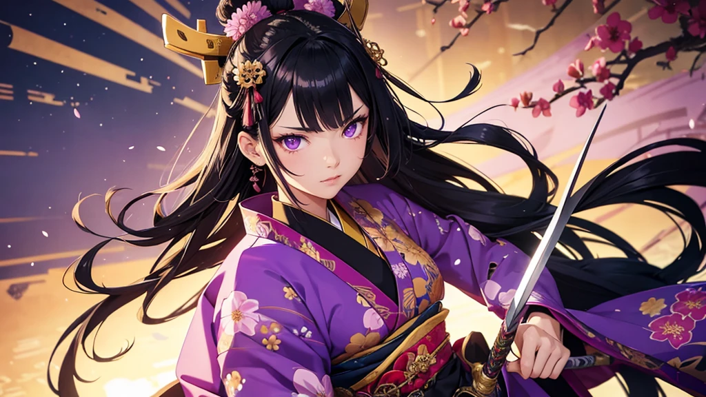 A female anime-style samurai character with black hair and striking purple eyes, holding a longsword in front of her face, wearing a traditional Japanese outfit adorned with floral patterns, 1girl, detailed facial features, intricate sword, colorful floral kimono, traditional Japanese armor, purple and gold color palette, rich geometric background patterns, detailed ancient symbols and motifs, whimsical atmosphere, vibrant colors, 8k, photorealistic, cinematic lighting, mast
