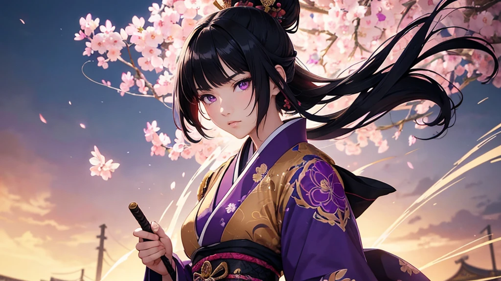 A female anime-style samurai character with  black hair and striking purple eyes, holding a longsword in front of her face, wearing a traditional Japanese outfit adorned with floral patterns, 1girl, detailed facial features, intricate sword, colorful floral kimono, traditional Japanese armor, purple and gold color palette, rich geometric background patterns, detailed ancient symbols and motifs, whimsical atmosphere, vibrant colors, 8k, photorealistic, cinematic lighting, mast