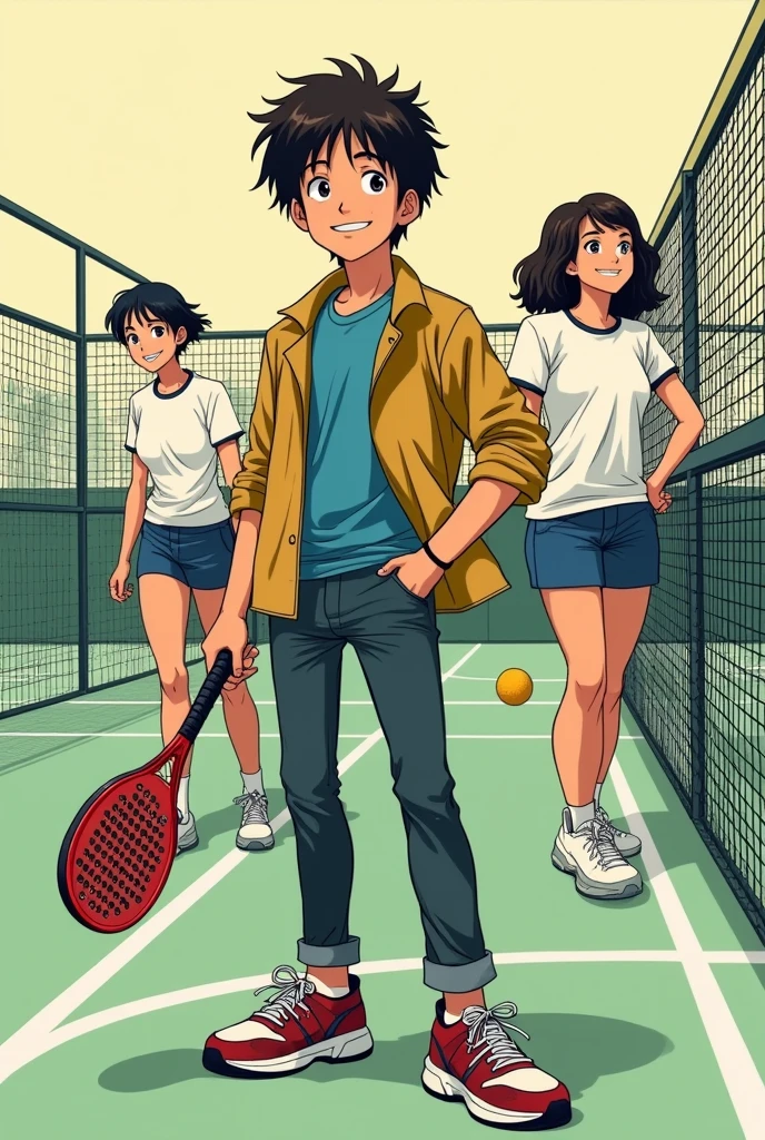 The protagonist is a rebellious, eccentric teacher, with the laid-back, slightly cheeky attitude typical of Onizuka. He stands in the foreground, padel racket in hand, displaying a confident smile and nonchalant posture. In the background, his students/adversaries, drawn with comical, exaggerated expressions, prepare for an intense match on a padel court. The overall aesthetic should capture the humor and energy of *GTO*, with strong character traits, expressive details and a graphic style typical of 90s manga, using sober colors and a simple background to keep the attention on the characters.
