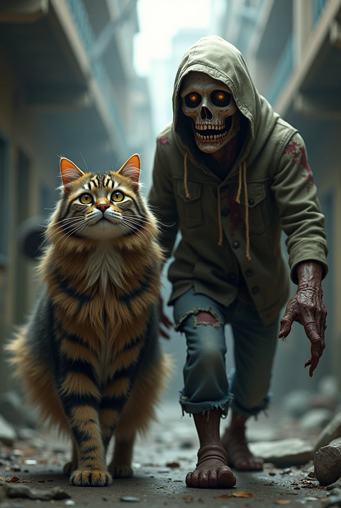 A long-haired tabby cat taking a friendly stroll with a Resident Evil-style zombie.