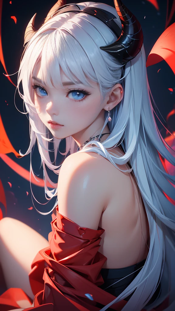 Beautiful big breastokeh),red background, Beautiful, gentle and charming goddess., Korea(kpop-idol), alone, necKlace, oval face, Double eyelids, Clever, good hand, Good feet, natural, (from below angle), (glossy skin:1.05), ((low angle)), perfect shape, (K, UHD, raw photos, best quality, Masterpiece:1.4), (realistic, photo-realistic:1.37), high resolutionพิเศษ, Photon mapping, ray, Physical rendering, Professional soft light, blue eyes, Black and white hair, Solo, high resolution, Animal horns, best quality, Masterpiece, หูยาวแหลม, สไตล์อนิเมะ,