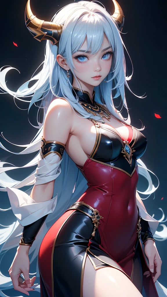 Beautiful big breastokeh),red background, Beautiful, gentle and charming goddess., Korea(kpop-idol), alone, necKlace, oval face, Double eyelids, Clever, good hand, Good feet, natural, (from below angle), (glossy skin:1.05), ((low angle)), perfect shape, (K, UHD, raw photos, best quality, Masterpiece:1.4), (realistic, photo-realistic:1.37), high resolutionพิเศษ, Photon mapping, ray, Physical rendering, Professional soft light, blue eyes, Black and white hair, Solo, high resolution, Animal horns, best quality, Masterpiece, หูยาวแหลม, สไตล์อนิเมะ,