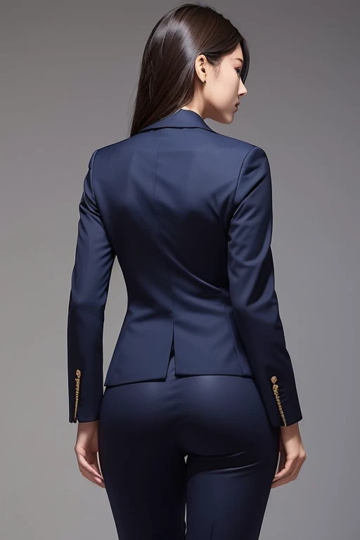 Back view of a girl in a tight pantsuit。The face turns around and looks this way