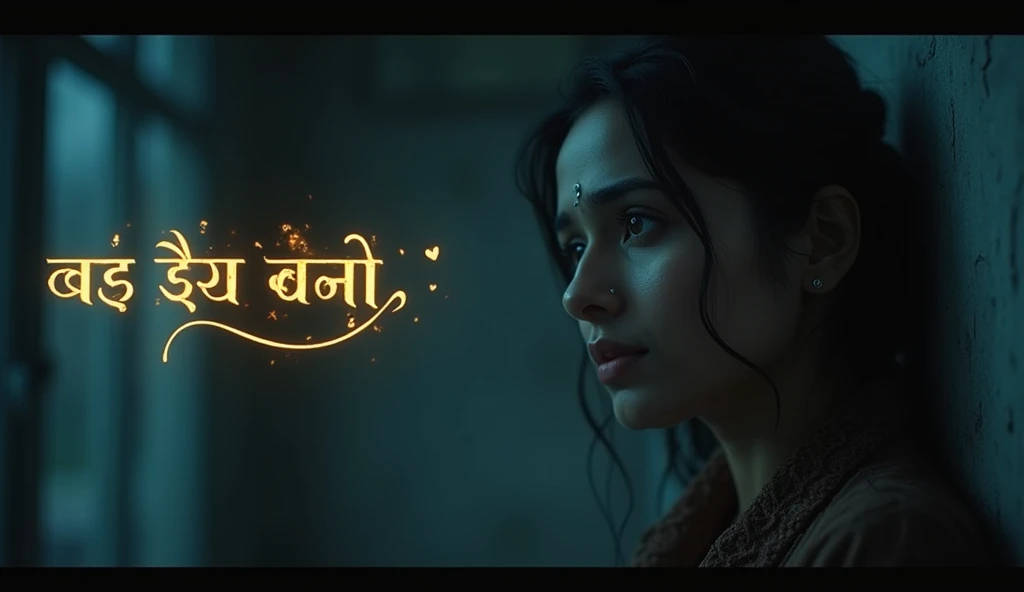 Create a YouTube thumbnail for a sad Bollywood-style song titled "Meri Duniya Tumse Thi." The thumbnail should feature a somber, dark background with soft, fading light, symbolizing heartbreak and loss. In the foreground, show a close-up of a tearful, contemplative woman or man, looking down or away, reflecting sadness and longing. Include subtle elements like a broken heart or faded memories (like a blurred photo) in the background. Use a moody color palette with shades of blue, grey, and black. The song title should be prominently displayed in elegant, flowing Hindi script, with a glowing effect to draw attention.