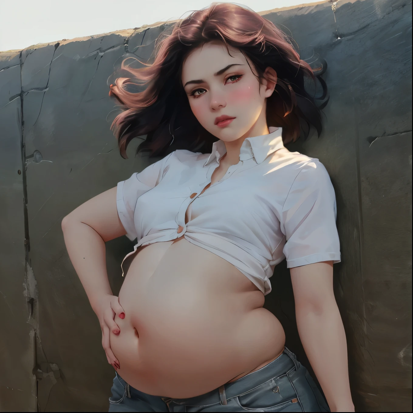 One girl. (Leaning back on a wall, standing) hands on belly, (blushing), unbuttoned pants, button gap, (belching:1.2) (full belly) skindentation , ((love handles), small chest,
dramatic lighting (((clothed top))), big belly