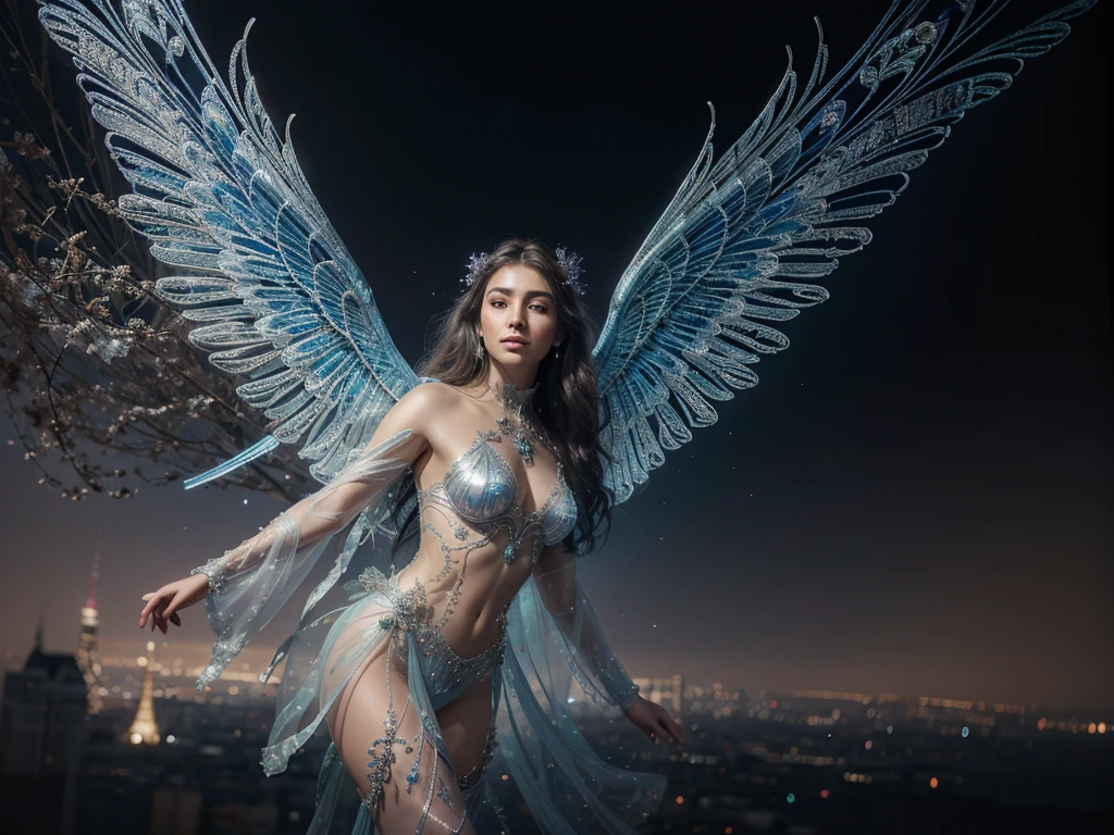 In a mesmerizing blend of ethereal beauty and high-tech extravagance, a celestial being made of shimmering light and intricate circuitry is depicted in a watercolor painting. The main subject is a human figure with translucent wings and glowing patterns on their skin. This painting, with its delicate brush strokes and vibrant hues, captures the essence of otherworldly elegance. The colors cascade in a symphony of blues, silvers, and purples, creating a sense of movement and depth. Every detail, from the intricate patterns on the figure's wings to the shimmering aura surrounding them, is rendered with exquisite precision. The overall effect is one of awe-inspiring beauty and technological sophistication, making this image a true masterpiece of celestial artistry.