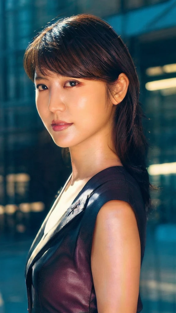 Highest quality, masterpiece, figure, (Realistic, photo-Realistic:1.37), wonderful, In detail, Incredibly absurd, Large file size, Very detailed, High resolution, Very detailed CG Unity 8k wallpaper, Very detailed目と顔, Ray Tracing, Browsing Caution, NUDE, One girl, Korean cyborg girl is innocent and young々Has a sly expression. She poses boldly with her arms raised above her head, Revealing her voluptuous figure. She is wearing a small black mecha armor top that barely covers her breasts., Exposing most of her flawless skin. Her shoulders and head have more armor detailing.、There are shining highlights, Tech Panels and Mechanisms. She is standing against a futuristic cityscape lit up with vibrant neon lights.、Standing full of energy。.