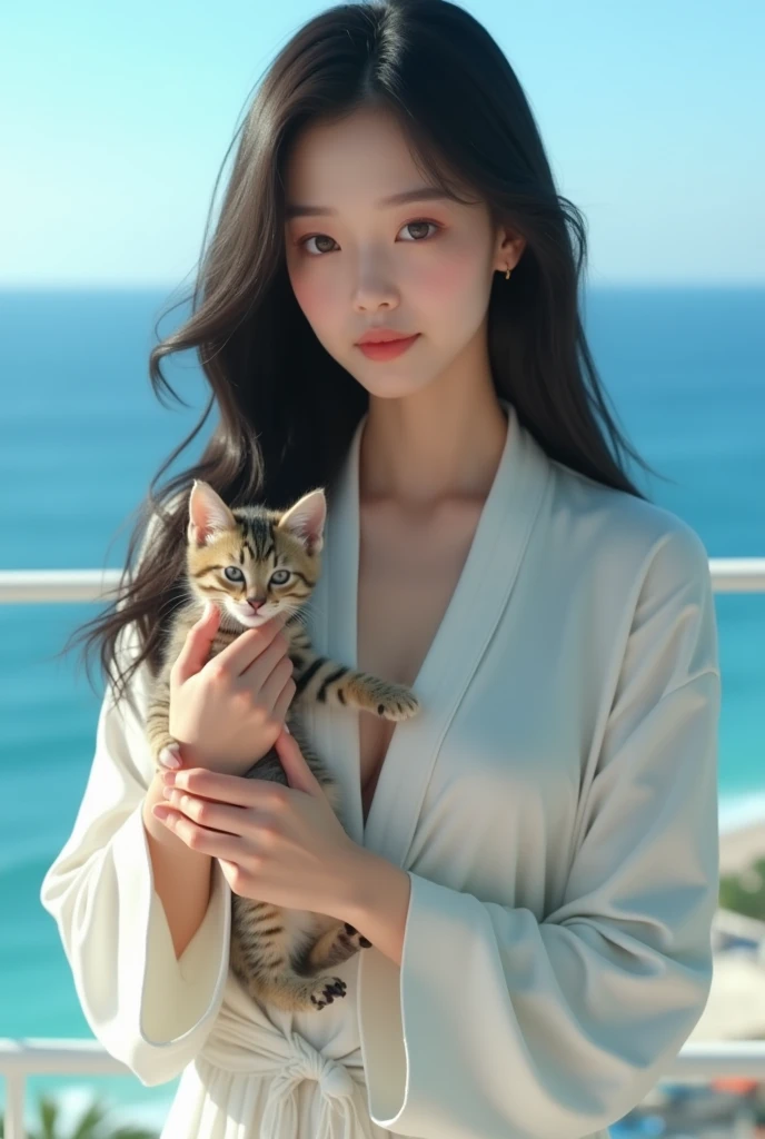 Create an Asian beauty with long hair,Regular facial features,Wearing a white satin bathrobe,A hand stroked his hair,Holding a cute kitten in the other hand,Beautiful girl opens her eyes,The characters are realistic and realistic,Blue seaside hotel background,Character front position,9:16 frames,Ultra-high-definition picture quality