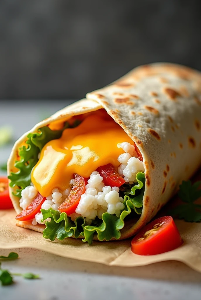 Make burrito that has rice, cheese, lettuce and tomatoes. 