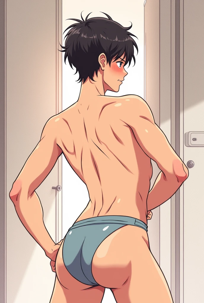 comic (アニメ) of a thin, non-muscular male who has a large, feminine butt is in a room and comes across a pair of small, very tight panties, So he decides to put it on, his face turning red from the pleasure he's feeling, and he makes several poses, sticking his ass out and running his hand over it in front of the screen.