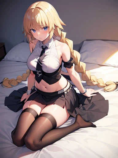 masterpiece,best quality,high resolution,jeanne darc, blonde hair, blue eyes, long hair,bare shoulders, black necktie, black thighhighs, braid, long braid, miniskirt, navel, necktie, shirt, single braid, sleeveless, sleeveless shirt, thighhighs, white shirt,full body on the bed,embarrassed