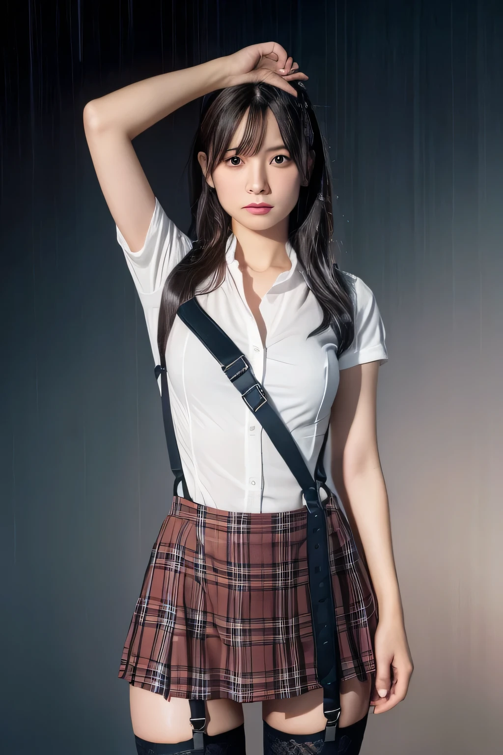 1 female, , high quality, masterpiece, Ultra-high resolution, Cinema Lighting, 1 female, , high quality, masterpiece, Ultra-high resolution, , Cinema Lighting, suspenders Moderate breasts Small face Looking up Sweat Thin belt buzzer 脇Sweat garter belt Belt on pants holster Hands behind your back Looking up Anxious face Knee-high Knee socks Knee-highソックス garter ふとももにgarter belt Checkered mini skirt Panty shot Skirt gap Armament holster holster Hands behind your back Anxious expression Anxious face, legs apart Armament Leg Holster holster See-through clothing heavy rain Rain-soaked dress shirt,Moderate breasts ガーターbelt suspenders Garter on the thigh Checkered mini skirt Looking up Pause belt Armpit sweat Hands behind back Raise your hands