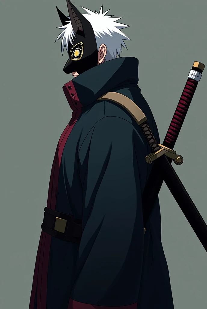 male anbu short white hair sideview, wearing akasuki robe, with big sword at back. black full face fox mask with gold eye lining, anime, badass