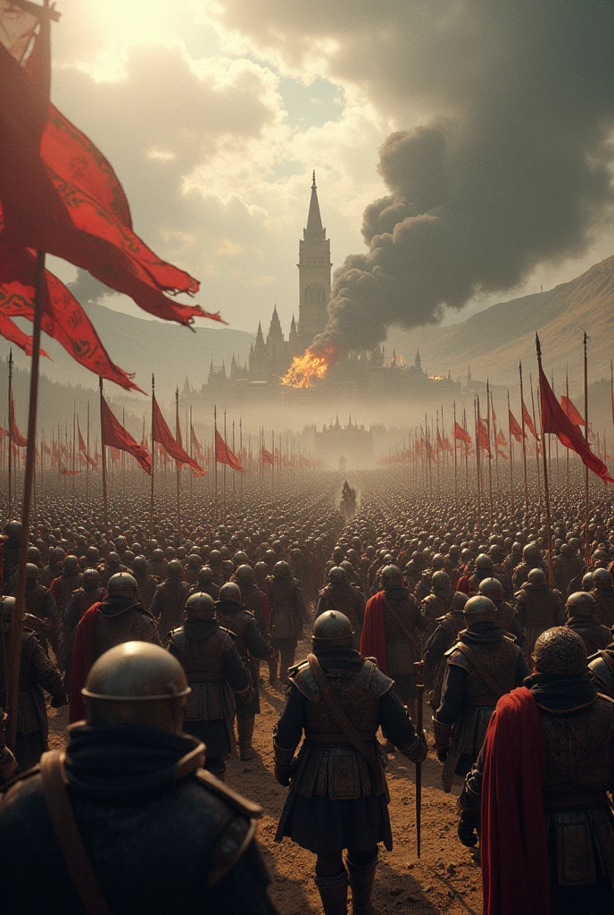 Make a image showing medival war about to start where a with on one side having 100000 with light artillery and another side having 150000 soldiers with heavy artillery 