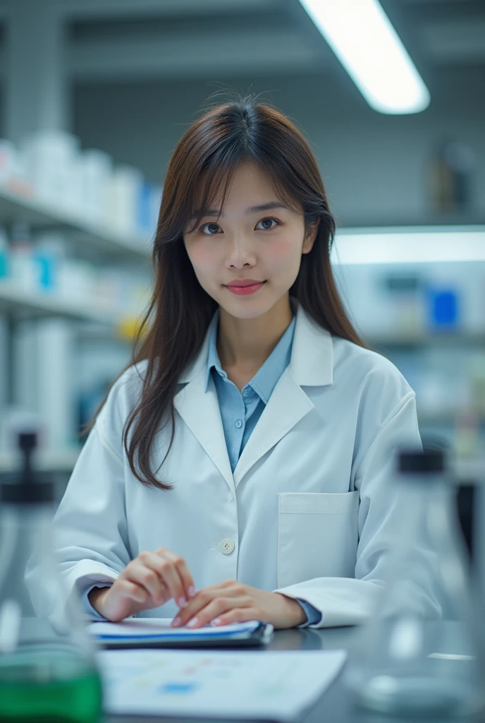 1 girl,One,fluffy, fluffy_female,mature ,researcher,Laboratory,Wearing a white coat,