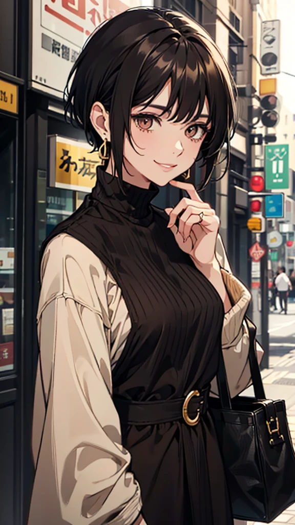 woman、Lonely smile、Black Short Hair、Black and gold eyes、large ring earrings、Brown clothes、Brown long sleeve knit dress、Black small bag、Upper Body