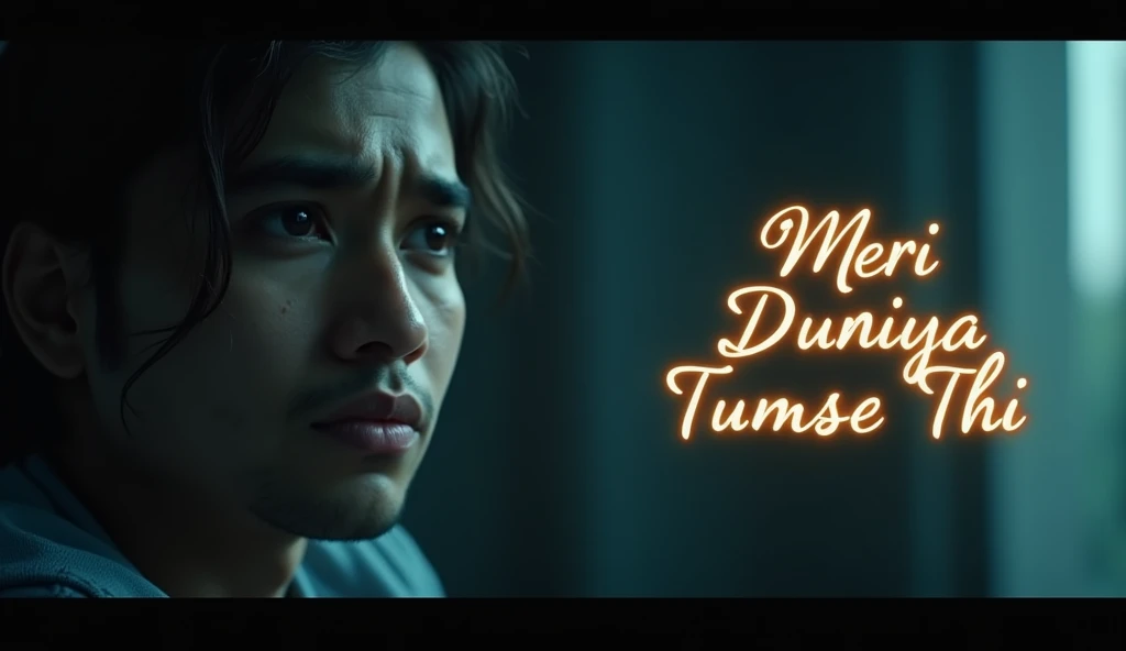 Create a YouTube thumbnail for a sad Bollywood-style song titled "Meri Duniya Tumse Thi." The thumbnail should feature a somber, dark background with soft, fading light, symbolizing heartbreak and loss. In the foreground, show a close-up of a tearful, contemplative woman or man, looking down or away, reflecting sadness and longing. Include subtle elements like a broken heart or faded memories (like a blurred photo) in the background. Use a moody color palette with shades of blue, grey, and black. The song title should be prominently displayed in elegant, flowing Hindi script, with a glowing effect to draw attention.