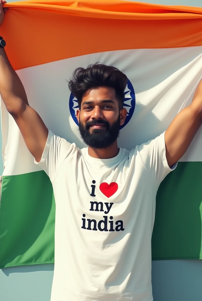 30 year old man  holding up a Indian flag, wearing a t shirt write name Ankur Singh, with i love my india 
