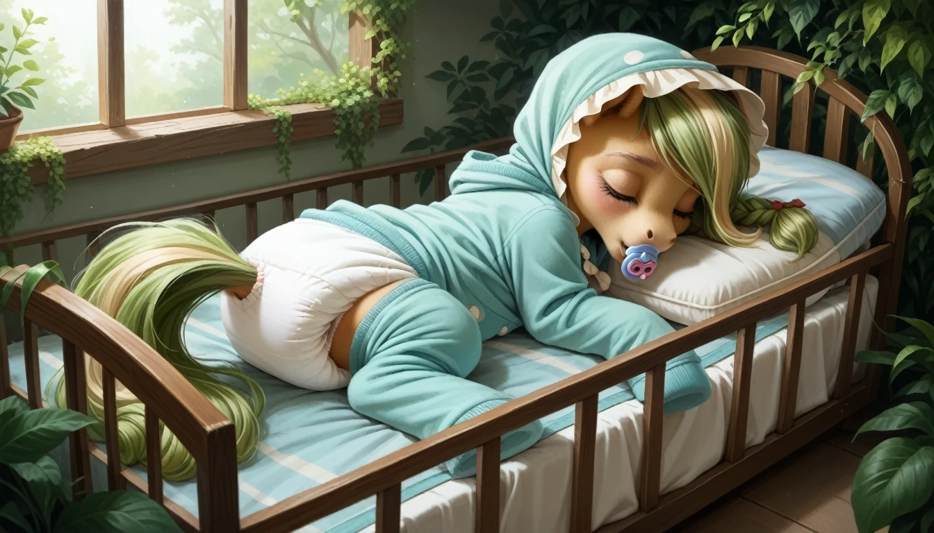 pony, beige earth pony, no horn, no wings, adult mare, lush mane braided, lush tail, closed eyes, sleeping in an adult-sized crib, dressed in onesie, bonnet and booties, pacifier in her mouth, solo, thick diaper under clothes.