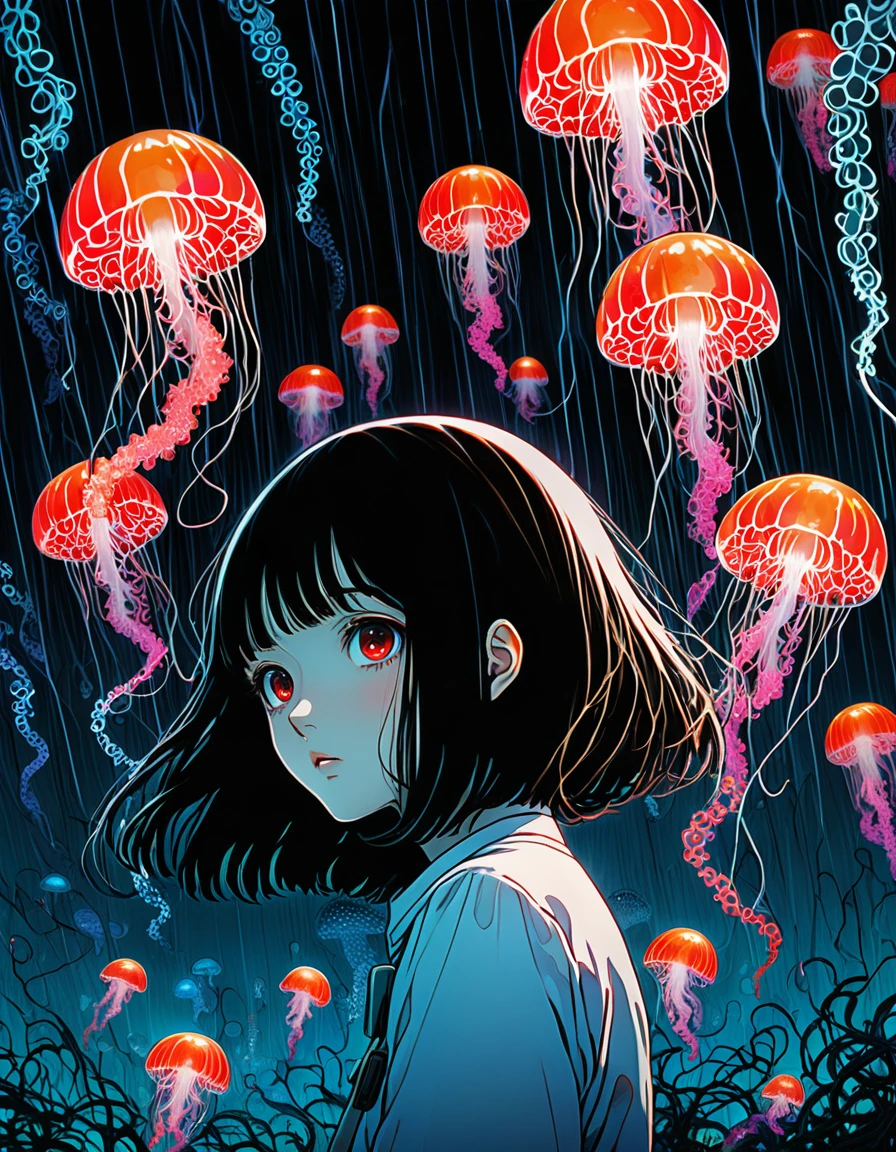 surreal horror, anime style, directed by Junji Ito, high contrast, vivid colors, eerie atmosphere, psychological tension, intricate line work, electric jellyfish
