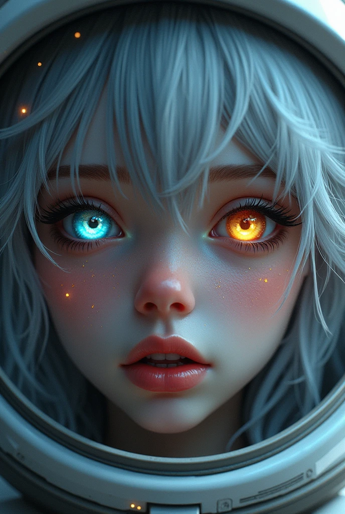 (Close-up of a better masterpiece:1.5)0.9], (Space and astronauts:1.2) (Messy silver hair:1.1) (Heterochromia xanthochromia and blue eyes:1.2) (Space Helmet:1.0) (Colored stars in the eyes:1.0) (A radiant glow:1.1) (thick lips:0.9)