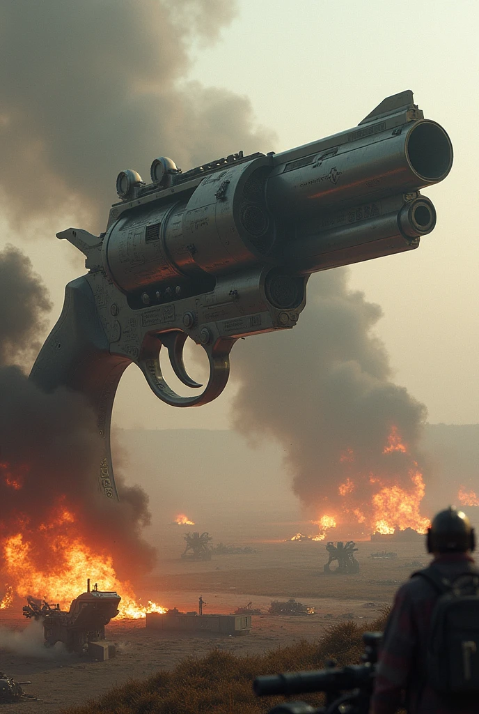 A giant super-fighter jet shaped like a Colt pistol flies low over the battlefield, spraying fire from its muzzle.。Explosion and destruction、Blow away enemy camp、Pistol-shaped flying battleship、