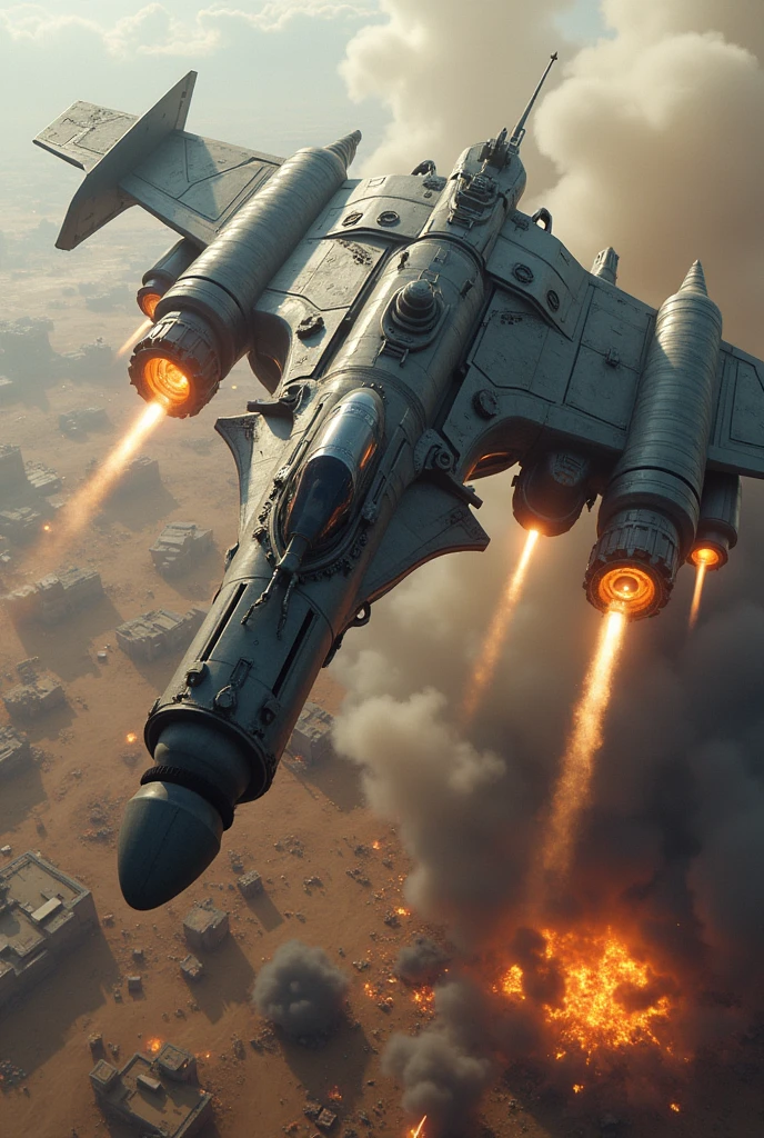 A giant super-fighter jet shaped like a Colt pistol flies low over the battlefield, spraying fire from its muzzle.。Explosion and destruction、Blow away enemy camp、Pistol-shaped flying battleship、