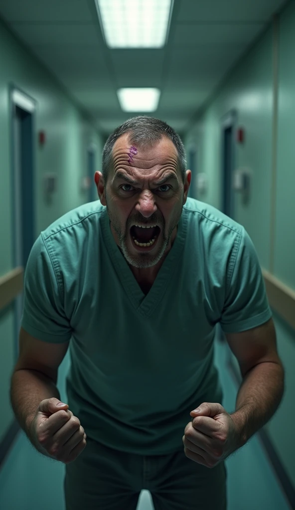 The father, standing in the hospital corridor, is caught in a moment of intense emotion. His face is flushed with anger, eyes wide and filled with both fear and frustration. His hands are clenched into fists, and he is leaning forward slightly as he yells, the veins on his neck and forehead visible. The lighting casts a harsh shadow, emphasizing the rawness of his emotions.