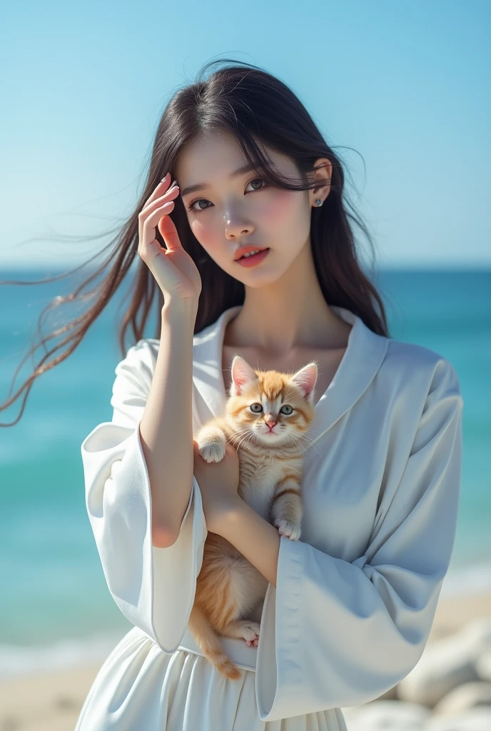 Create an Asian beauty with long hair，Regular facial features，Wearing a white satin bathrobe，One hand stroked the hair on top of the head.，Holding a cute kitten in the other hand，Beautiful girl opens her eyes，The characters are realistic and realistic，Blue seaside hotel background，Character front position，9:16 frames，Ultra-high-definition picture quality