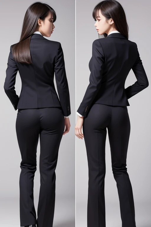 Back view of a girl in a tight pantsuit。The face turns around and looks this way
