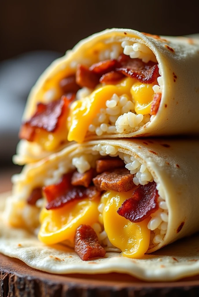Make burrito that has rice, bacon, cheese and egg