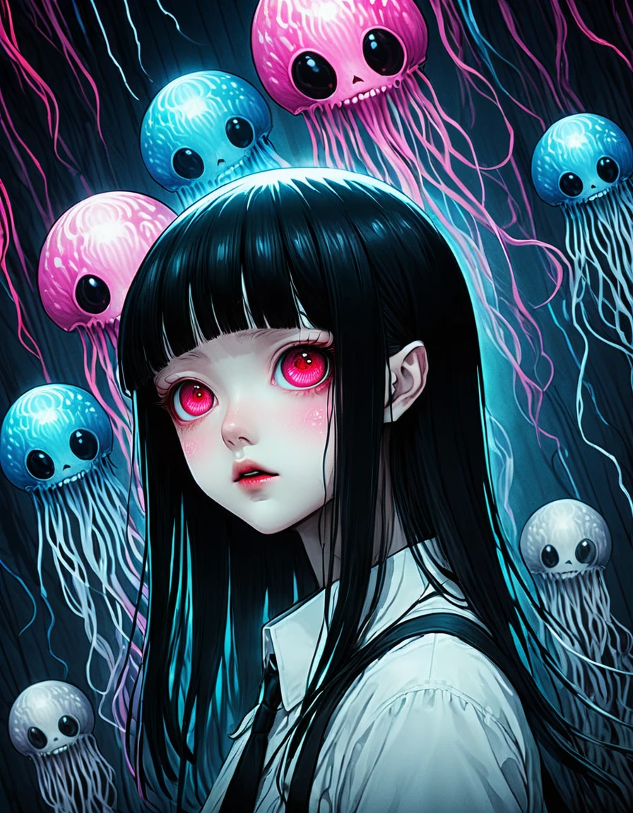 surreal horror, anime style, directed by Junji Ito, high contrast, vivid colors, eerie atmosphere, psychological tension, intricate line work, decapitated heads,electric jellyfish