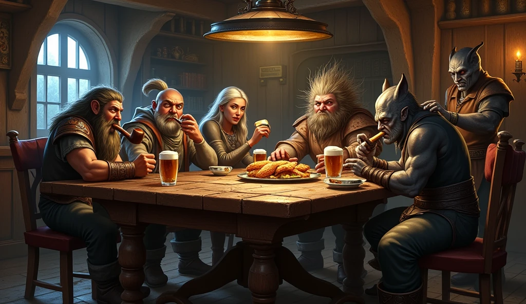 generate an image based on the description below
A tavern from dark fantasy where at one table sit: Dwarf, A large pipe smoker, a draenei eats a big piece of bread, a worgen massages an elf's legs, a pandaren and an undead drink from large tankards of ale, a draktir sits tuning a radio ( Characters from the game and universe of World of Warcraft)