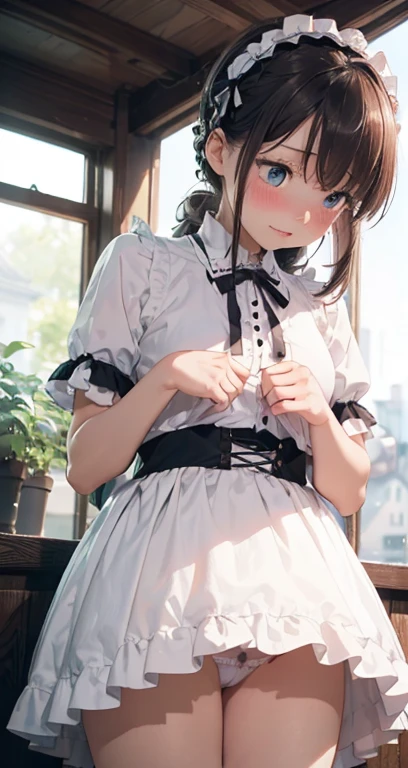 (masutepiece, Best Quality:1.2), 8K, 85 mm, Official art, Raw photo, absurderes, A dark-haired, (Blue eyes, Lolita Fashion, sweetlolita, Gothic, Dress:1.2), Idol face, Upper body, Beautiful Girl, gardeniass, Copenhagen, Short sleeve, Elegance, Sophisticated, gardenia, Film grain, chromatic abberation, Sharp Focus, face lights, Dynamic lighting, Cinematic lighting,(( red blush、embarassed expression, Look away、Looking down in embarrassment:1.2))、(((tucking up the skirt、White panties are visible)))、(((NSFW)))、